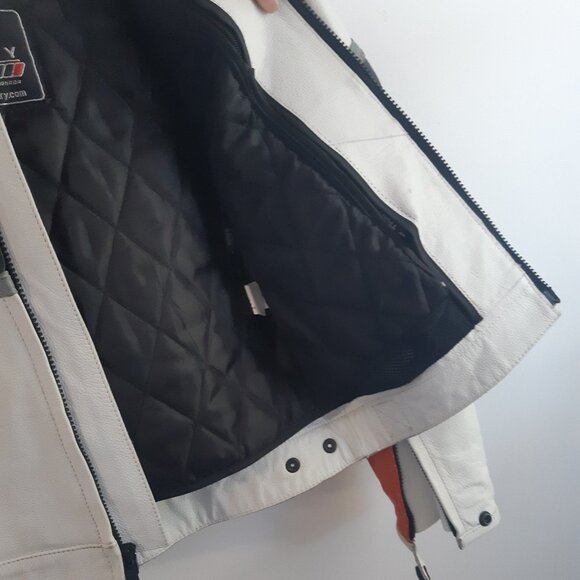 AKOURY Genuine Leather Jacket Look Moto Racing XS Unisex White, Orange and Black - Picture 8 of 16
